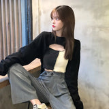 Solid Color Street Sweatshirt Casual Hoodie Cropped Top Women's O-Neck Pullover Long Sleeve Irregular Short Loose
