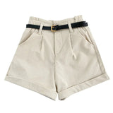 Rolled Wide-leg Shorts Women Korean Retro Elastic Waist Loose Casual Short Pants With Belt Loose A line Shorts