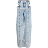 Hot Girl Wind 2025 New High Waist Design Sense Hollow Out Waist With Jeans Solid Color Straight Pants