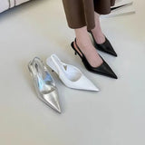 Heel Sandals Female Spring Summer Thin Heel Empty French Small Heel Middle Heel Soft Leather Sandals Silver
