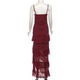 Burgundy Mesh Ruffle Strap Maxi Dress- Outfit