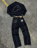 Zingj Devil Island Denim Suit High Street Western Denim Jacket Baggy Jeans Trend Card 211-0-Outfit