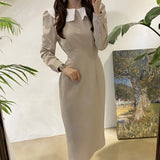 Style Spring Autumn Women's Dress Casual A-Line Office Lady Eleagnt Lace-Up Slim Fashion