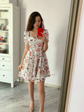 Print Square Neck Puff Sleeve Pleated Hem Dress Summer Backless A-line Casual Dress Women Short Dress Floral