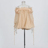 Temperament Sexy Breeze Net Yarn Shirt 2025 Summer New Lotus Leaf Side Spliced Shoulder Sexy Long-Sleeved