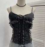 Real Shooting Do The Old Fur Side Of The Denim Splicing Pu Skin Lace Sling Vest Short Without Sleeve Top