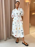 Women Fashion Printred Lantern Sleeves Shirt Dress Summer Lapel Single Breasted Causal Loose Robes Female Holiday Street