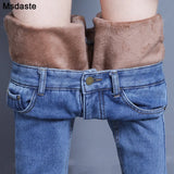 Jeans Pants For Women Winter Wear Mom Straight Denim Pants With Fleeces Ladies Thick Warm Female Pencil Denim