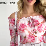 Women Elegant Flare Sleeves Slash Collar All Over Print with Floral Women Sexy Blouse