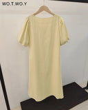 Summer Casual Pleated Split Dresses Women Puff Sleeves Front Button O-Neck Yellow Dress Female Vestido De Mujer