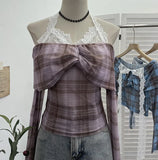 Lace Hanging Neck Shoulder Mesh Yarn Long-Sleeved Top Design Y2k Short Repair T-Shirt