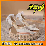 Temperament Pointed Bow Pearl Word With Silver High Heels Fine Heel Adult Lilies Hollow Lolita