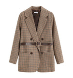 Vintage Houndstooth Winter Thick Women Jacket Blazer Sashes Plaid Female Suit Jacket with belt Long Sleeve blaser
