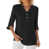 Zingj / Summer 2024 New V-Neck Button Middle Sleeve Solid Color Casual T-Shirt Chiffon-Outfit
