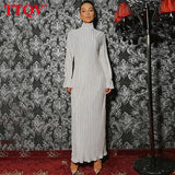 Elegant Turtleneck Gray Women Dresses Casual Fashion Pleatd Long Sleeve Dresses Autumn Loose Ankle-length Dress