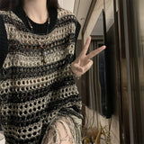 Zingj Retro Design Sense Hollow Out Sleeveless Sweater New Summer Contrast Color Stripes In The Long Tassel Top