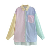 top Fashion women shirts Contrast Color Striped Print Smock Blouse Office Ladies Breasted Casual Shirts Chic Blusas