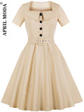 Style Retro Vintage Casual Rockabilly Dress With Belt Short Sleeve Button Front Solid 50s 60s Swing Jurk Women