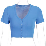Sexy Women Button Knitted Short Sleeve Korean Style Ribbed Summer Crop Top clothes tshirt shirt vintage t-shirt