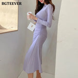 Elegant Slash Neck Ladies Mid-length Dress 2021 Spring Ruched Slim Waist A-line Dress for Women Casual Vestidos