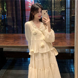Zingj Flower Dress Female Autumn Outfit 2024 New Very Fairy Flounce V Collar Design Sense First Love Department Long Sleeve Skirt-Outfit