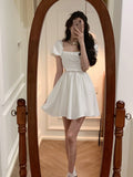 New French Vintage Party Prom Short Sleeve Princess Dress For Women Fashion Hollow Out White Dress Female Clothes