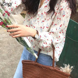 Women Elegant Floral Ulzzang V-neck Chic Autumn Ladies Clothes Top Long Sleeve Lovely Simple Sweet Popular Womens