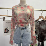 Sunscreen Not Sultry Hot Tie Dye Net Yarn Long-Sleeved T-Shirt Drawstring Tethered With Short-Sized T-Shirt Horn Sleeve Top