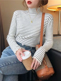 Zingj Half High Collar Striped Long Sleeve T-Shirt Bottom Shirt Women's New Autumn Ins Slim Wood Ear Inside The
