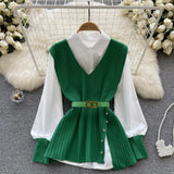Zingj New Light Ripe Wind Outside Wear Loose Lapel Splicing White Shirt V Collar Diagonal Buckle Knit Vest Two