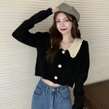 For Women Elegant Lace Beading Sweater Crop Tops Streetwear Casual Outwear Korean Long Sleeve Knitted
