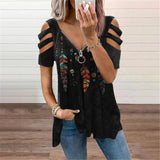 Collar Leisure Zipper Pullover Print Short Sleeve Loose T-shirt