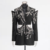 Fashion Temperament Suit Jacket Woman 2025 Spring New Heavy Industry Water Drill Splicing High-End Feel Waist Long-Sleeved