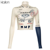 Women Long Sleeve Turtleneck Letters Print Slim Sexy Skinny T-Shirt Fashion Spring New Streetwear Basic Hip Hop Top