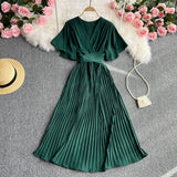 Zingj Temperament Fashion V Collar Fly Sleeve Dress Simple Pure Color Waist Belt Pleated Long