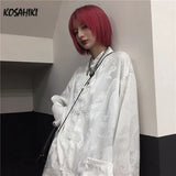 Women Man Blouse Dragon Print Harajuku Streetwear Chinese Style Stand Collar Buckle Vintage Black White Shirt