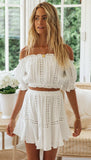 Queens Women 2 Pcs Suit Beach Bohemian White Off Shoulder Lace Splicing Tops Sexy Mini Boho Skirt Two Pieces