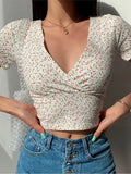 Crop Top T-shirt Y2K Vintage Bloemen Vrouwen Cropped Slim Korte Mouw V-hals Sexy Zomer Tee Shirt Koreaanse 2022