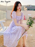 Floral Print Dress Women Summer Elegant Party Midi Dress Casual Puff Sleeve Holiday Lady Dedigner Chic Korean Dress