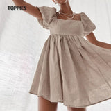 Summer Linen Dress Woman Vintage Puff Sleeve A Line Dresses High Waist Square Collar Mini Dress