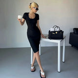 Zingj Women's Wear 2023 Round Neck Short Sleeve Regular Show Thin Wrap Buttock Skirt Slit Hipster Dress