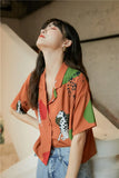 Dog Animal Print Korean Woman Crop Top Shirts Casual Short Sleeve Lapel Button Up Summer Blouse Women Tops And