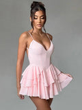 Open Back Strap Ruffled Layered Mini Dress- Outfit