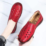 2021 Summer Genuine Leather Vintage Loafers Shoes Women Lazy Slip-On Handmade Leather Breathable Hollow Soft Shoes