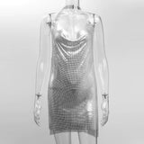 see through Black Metal Rhinestone Summer Dress women gothic backless glitter mini Club Birthday party dress ladies