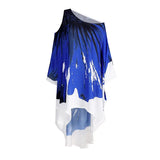Bohemian Printed Blue Long Sleeve Self Belted Kimono Dress Women Clothing Summer Beachwear One Shoulder Maxi Dress