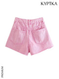 Women Fashion Side Pockets Frayed Hem Denim Shorts Vintage High Waist Zipper Fly Female Jeans