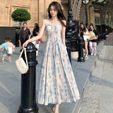 Print Elegant Beach Dress 2023 New Women Vintage Pearl Beading Sweet Midi Dress Female Princess Fairy Strap Evening
