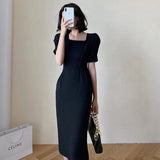 Women Elegant Midi Slim Solid Black Dress Office Lady Fashion Bodycon Puff Sleeve