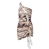 Women Summer One Shoulder Hollow Out Printed Bodycon Package Hip Mini Dress Sundress 2021 Female Clothing